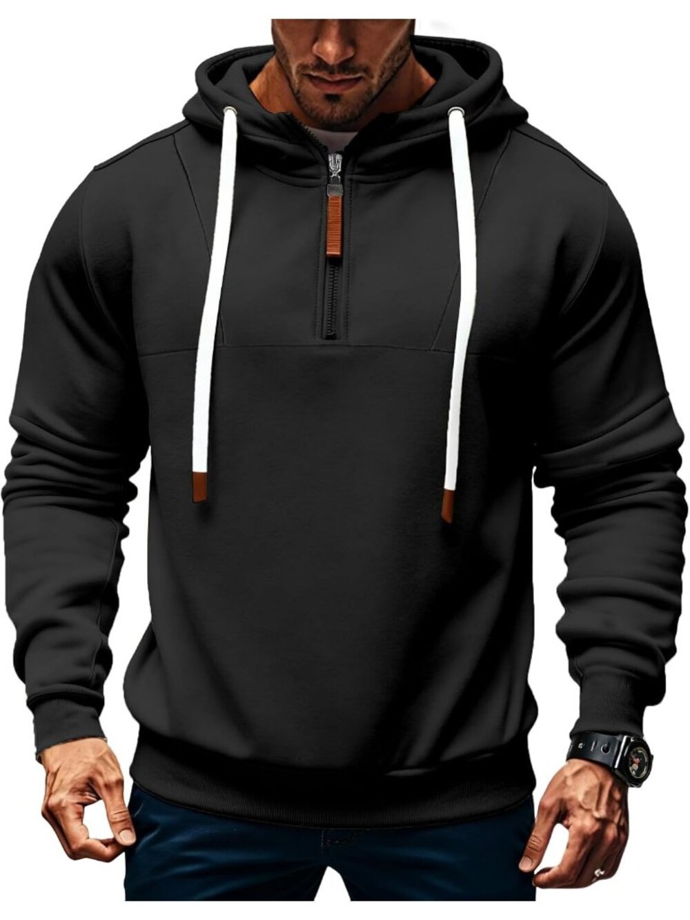 Men's Pure Black Quarter ZIP Long Sleeve Pullover Polyester Sweatshirt Hoodies